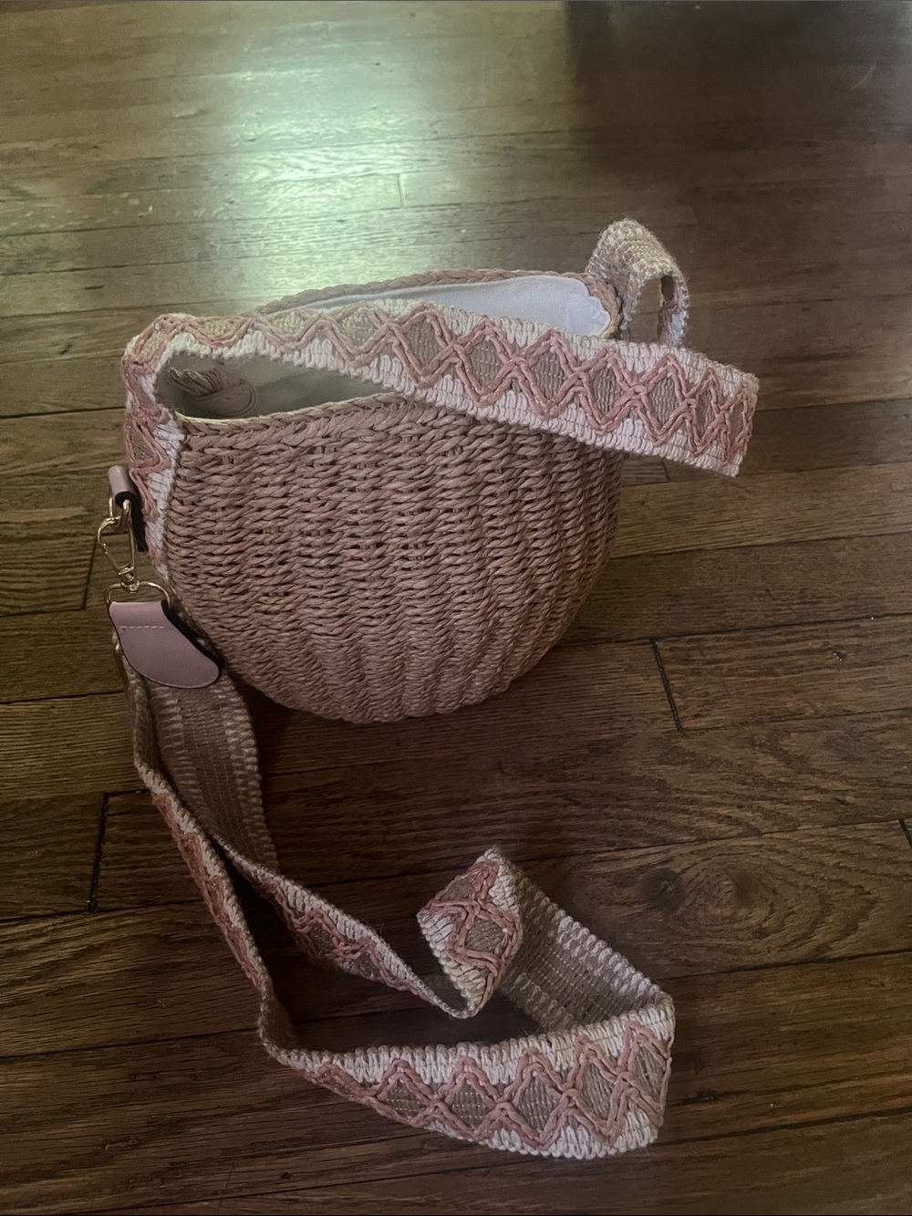 Woven Round Crossbody Bag with Pink Accent Strap